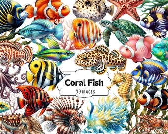 Coral Fish Clipart Set - Tropical Fish and Coral PNG, Marine Life Digital Art, Underwater Creatures, Ocean Reef Graphics