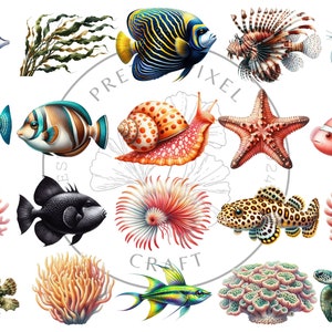 May include: A colorful illustration of various sea creatures, including a starfish, a seahorse, a sea turtle, a clownfish, a lionfish, a shrimp, a snail, and different types of coral. The illustration is surrounded by a circular frame with the words "Pixel Craft" in the center.