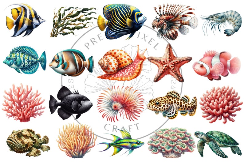 May include: A colorful illustration of various sea creatures, including a starfish, a seahorse, a sea turtle, a clownfish, a lionfish, a shrimp, a snail, and different types of coral. The illustration is surrounded by a circular frame with the words "Pixel Craft" in the center.