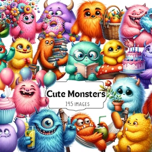 Clipart di mostri carini - Set di PNG di mostri dei cartoni animati adorabili, grafica di creature kawaii, arte di mostri giocosi, mostri digitali stravaganti