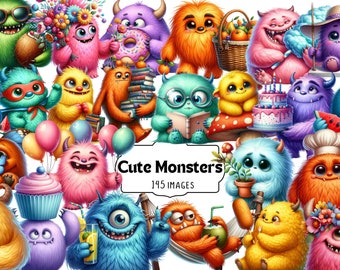 Cute Monsters Clipart - Adorable Cartoon Monster PNG Set, Kawaii Creature Graphics, Playful Monster Art, Whimsical Digital Monsters