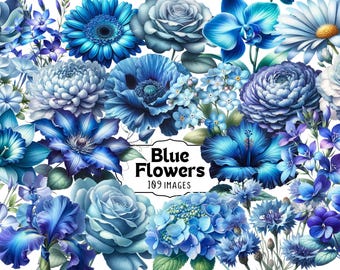 Blue Watercolor Flower Clipart: Botanical PNG Images (Digital Download, Commercial Use Allowed)