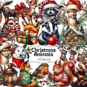 Imágenes prediseñadas de animales navideños: lindas criaturas navideñas PNG, conjunto de animales festivos, arte de vida salvaje invernal, gráficos de animales navideños