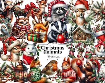 Weihnachten Tiere Clipart: Festliche Wildtiere PNG Set (Digitaler Download)