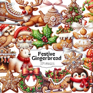 Festive Gingerbread Clipart - Holiday Cookie PNG Set, Gingerbread Man and House Art, Christmas Baking Graphics for Crafts