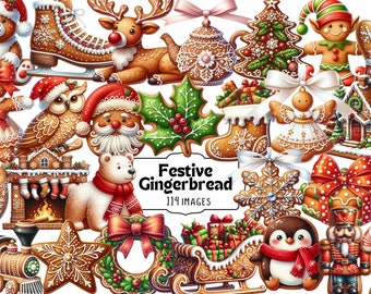 May include: A collection of festive gingerbread cookies, including a reindeer, a gingerbread house, a snowman, a penguin, a nutcracker, a star, a wreath, a stocking, a bird, a tree, a boot, a holly leaf, a snowflake, a sleigh, a teapot, an angel, an owl, a gingerbread man, a gingerbread woman, and a train. The cookies are decorated with icing, sprinkles, and candy. The text "Festive Gingerbread 114 Images" is written on a white banner.