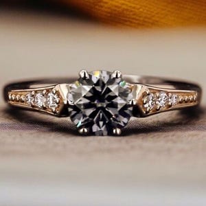 Round dark Gray Moissanite Engagement Ring Vintage 14K Gold round Moissanite Wedding Ring Promise Ring Gift, black Moissanite cathedral ring