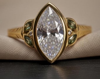 2CT Vintage Marquise Moissanite Diamond Engagement Ring 14K Gold Hand engraved Filigree band Nature Inspired bezel Antique Proposal Ring Her