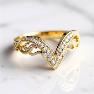 Gold Chevron Moissanite Wedding Band, V Shape Curved Ring Gold Band for Women, 14K Gold Stacking Ring crown matching engagement ring for Her