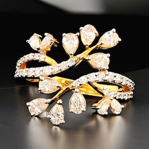 14K Solid Gold Nature Inspired Moissanite Engagement Ring, Pear Cut Moissanite Vine Branch Wedding Bridal Ring, Pear cut Diamond Leaf Ring,