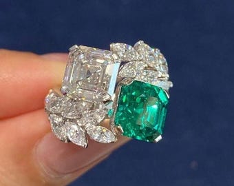 8 MM Asscher Cut Green Emerald Gemstone Ring Cluster wedding Ring Toi Et Moi Moissanite Engagement Ring, 14k Gold bypass Ring May Birthstone