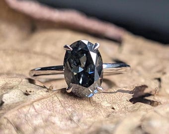 2 CT Oval grey Moissanite Solitaire Engagement Ring, 14K Gold Classic black Moissanite ring, latest grey Promise Ring, Wedding Gift for Her