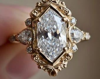Vintage Hexagon Moissanite Engagement Ring Dutch Marquise Cut Art Deco Solid Gold Unique Handcrafted Wedding Promise Ring anniversary gift