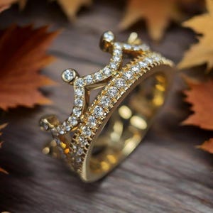 14k Solid Gold Crown Queen wedding Ring for Women, unique Brilliant Cubic Zirconia anniversary ring, tiara Ring, matching stacking band gift