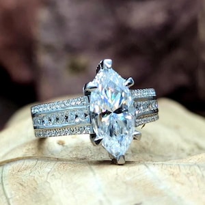 Marquise cut Moissanite Thick Engagement Ring for women 10K Solid White Gold 3 ct Marquise Moissanite hidden halo wedding Ring Bridle gift