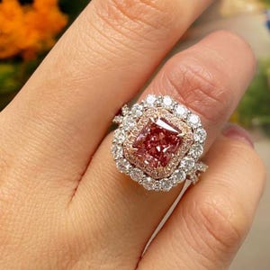 Barbie Pink Diamond Ring, 2CT Radiant Cut Lab Diamond Anniversary Ring, 14K White Gold Double Halo Wedding Ring, Art Deco Engagement Ring