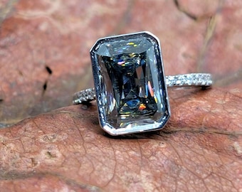 Radiant cut dark Grey black Moissanite Engagement Ring, 3ct dark Gray black  Moissanite bezel set ring, 14k solid gold pave band gift her