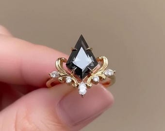 vintage kite cut dark grey Moissanite engagement ring, classic art deco wedding ring, black Moissanite crown ring anniversary gift for her