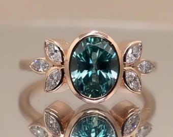 Vintage Green Moissanite Engagement Ring Art Deco leaves marquise cut Moissanite Cluster Wedding ring Unique 14K Gold Milgrain Bridal Ring