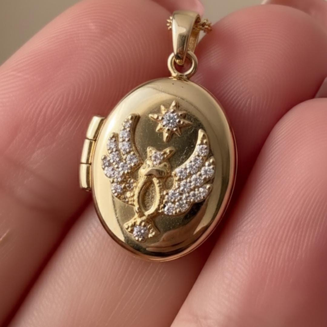 Custom 14K Gold Phoenix Locket Pendant, Sparkling Bird Memorial Jewelry ...