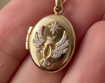 Custom 14K Gold Phoenix Locket Pendant, Sparkling Bird Memorial Jewelry Gift for Her Mythological Pendant, Memory Box Pendant Wish Box charm