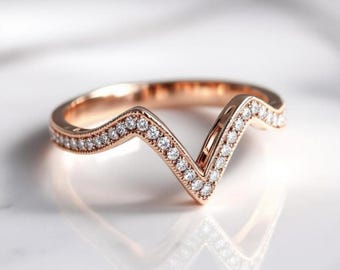 ダイヤモンド パヴェ バンド V 字型結婚指輪 ローズゴールド リング