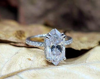 Hexagon Dutch Marquise Moissanite Engagement Ring 14k solid gold Hexagon Wedding Ring gift for her elongated hexagon unique hidden halo ring