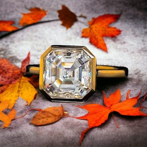 Textured Asscher Moissanite Engagement Ring, Art Deco bezel set solid gold  Wedding Ring, Anniversary Ring, valentine gift, promise ring