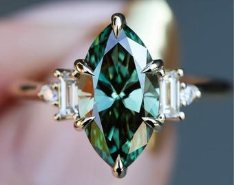 Unique marquise cut latest green Moissanite Ring, 3CT elongated marquise cut Engagement Ring gift for women, 14k gold art deco promise ring