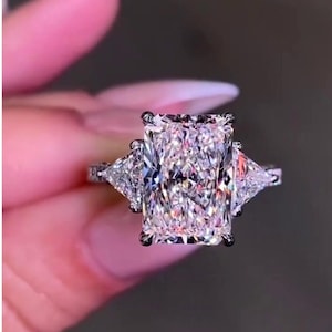 4 CT Radiant Cut Moissanite Three Stone Engagement Ring gift, full eternity trilogy Promise Ring, Solid Gold Ring Anniversary Gift Ring her