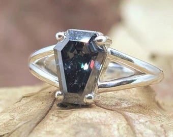 3ct coffin cut grey Moissanite engagement ring, 14k solid gold promise ring gift for her,  Coffin shape Diamond Ring, black bridle gift ring
