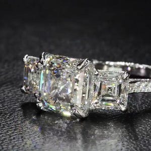 Three Stone Asscher Cut Moissanite ring, solid gold unique wedding ring, statured Asscher Moissanite engagement ring gift hor her