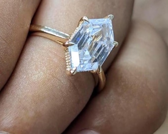 3CT Solitaire Dutch Marquise Moissanite Engagement Ring, 14k solid gold Hexagon Wedding Ring For her elongated hexagon unique ring gift