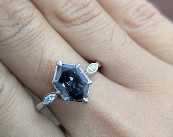 Dutch Marquise Moissanite Engagement Ring, dark Grey black Moissanite Hexagon cut Wedding Ring, Vintage Elongated Marquise Ring gift