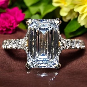 Emerald Cut Engagement Ring 14k Solid Gold  3 carat lab diamond Engagement Ring, Emerald Solitaire Moissanite Ring, Gold Promise Ring
