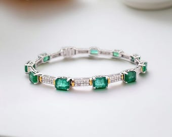 14k Gold Emerald Tennis Bracelet: Moissanite Accents, Natural Green Emerald cut Bracelet, lab Emerald Bracelet gift for her, birthday gift