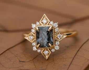 Dark grey radiant Moissanite engagement ring, art deco Moissanite wedding ring, custom sunburst unique handcrafted promise ring gift for her