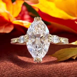 Solid Yellow Gold Marquise Cut Solitaire 2CT Marquise Cut Moissanite Ring, side pave Wedding Ring, 6 Prongs Anniversary Diamond Ring For Her