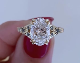 Vintage Floral Engraved Gold Engagement Ring 3CT Oval Cut Moissanite Wedding Ring 14K Gold filigree Bridal Ring Gift For Woman Art deco Ring