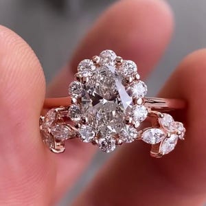 Oval cut Moissanite engagement ring 14k solid gold unique art deco split natural inspired wedding ring, anniversary gift for her halo ring