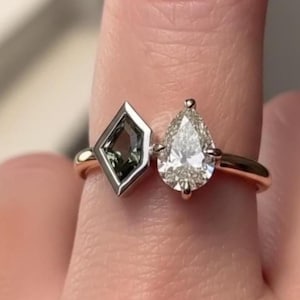 Pear and shield Moissanite ring. Two Tone Toi Et Moi Ring in 14k Gold engagement ring, You and Me Ring Shield Ring gift for her