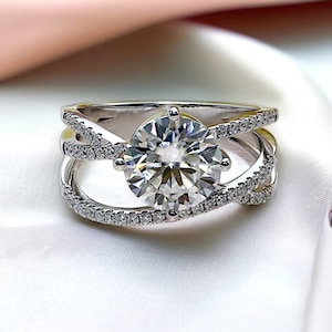 Round Moissanite Crossover Engagement Ring, 14k White Gold, Moissanite Diamond Wide Band Ring, pave criss cross band Overlap Ring gift her