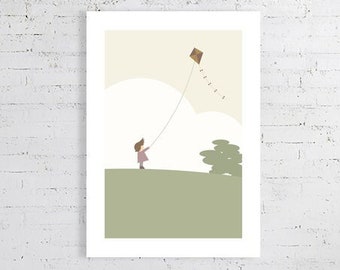 Kid with kite, children's retro mid-century illustration print/poster, scandi, Bauhaus, children's poster, nursery print, muted colours