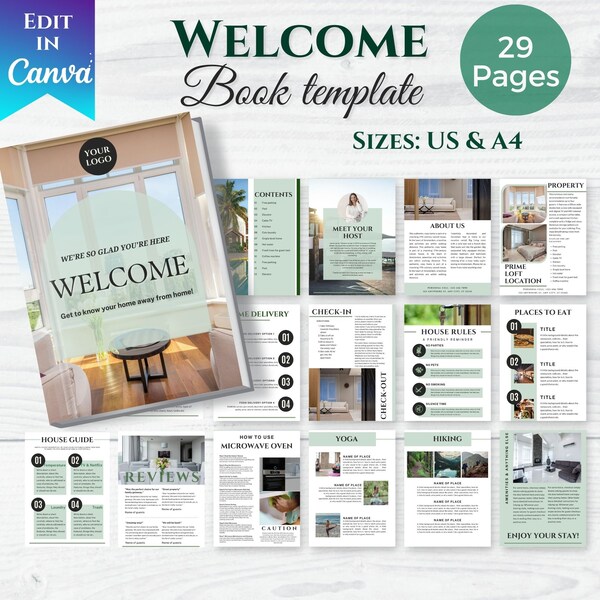 AirBnb Welcome Book Template, Done for you Printable Vacation Rental Property Guide, Minimalist Guidebook for VRBO Host and Guest with signs