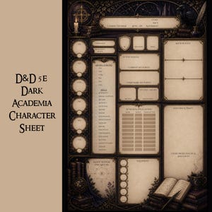 Op de afbeelding: Een gedetailleerd personageblad voor D&D 5E Dark Academia, met een vintage esthetiek. Het blad bevat secties voor personagenaam, klasse, ras, reddingsworpen, vaardigheden, aanvallen en eigenschappen. De tekst "D&D 5E Dark Academia Character Sheet" is zichtbaar.