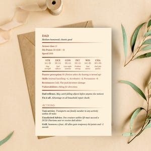 Peut inclure: Une carte rectangulaire au fond crème avec du texte rouge foncé formaté comme une fiche de personnage de jeu de rôle intitulée DAD. Le texte inclut des statistiques comme Armor class 15, Hit Points 33, ainsi que diverses compétences et actions.