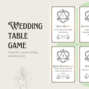 Peut inclure: Jeu de cartes de table de mariage avec un fond blanc. Les cartes présentent du texte et des illustrations noirs, dont un dé, et des phrases comme "Tragic Mishap" et "Bardic Performance". Les mots "Wedding Table Game" sont également affichés.