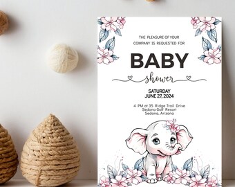 Editable Pink Baby Shower Invitation, Baby Elephant, BBS01-824