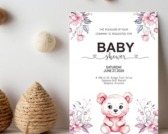 Editable Pink Baby Shower Invitation, Baby Teddy Bear, BBS01-826