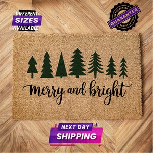 Merry And Bright Doormat, Christmas Tree Doormat, Entryway Decor, Coir Doormat, Winter Gift, Patio Decor, Holiday Gift, Housewarming Gift